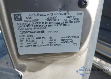 2001 Chevrolet Silverado 1500 из США, поврежденный, VIN 2GCEK19V411374976